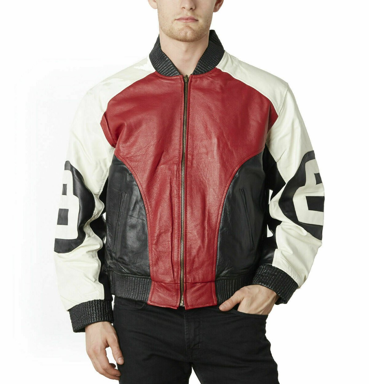Mens red 8 ball bomber leather jacket 01