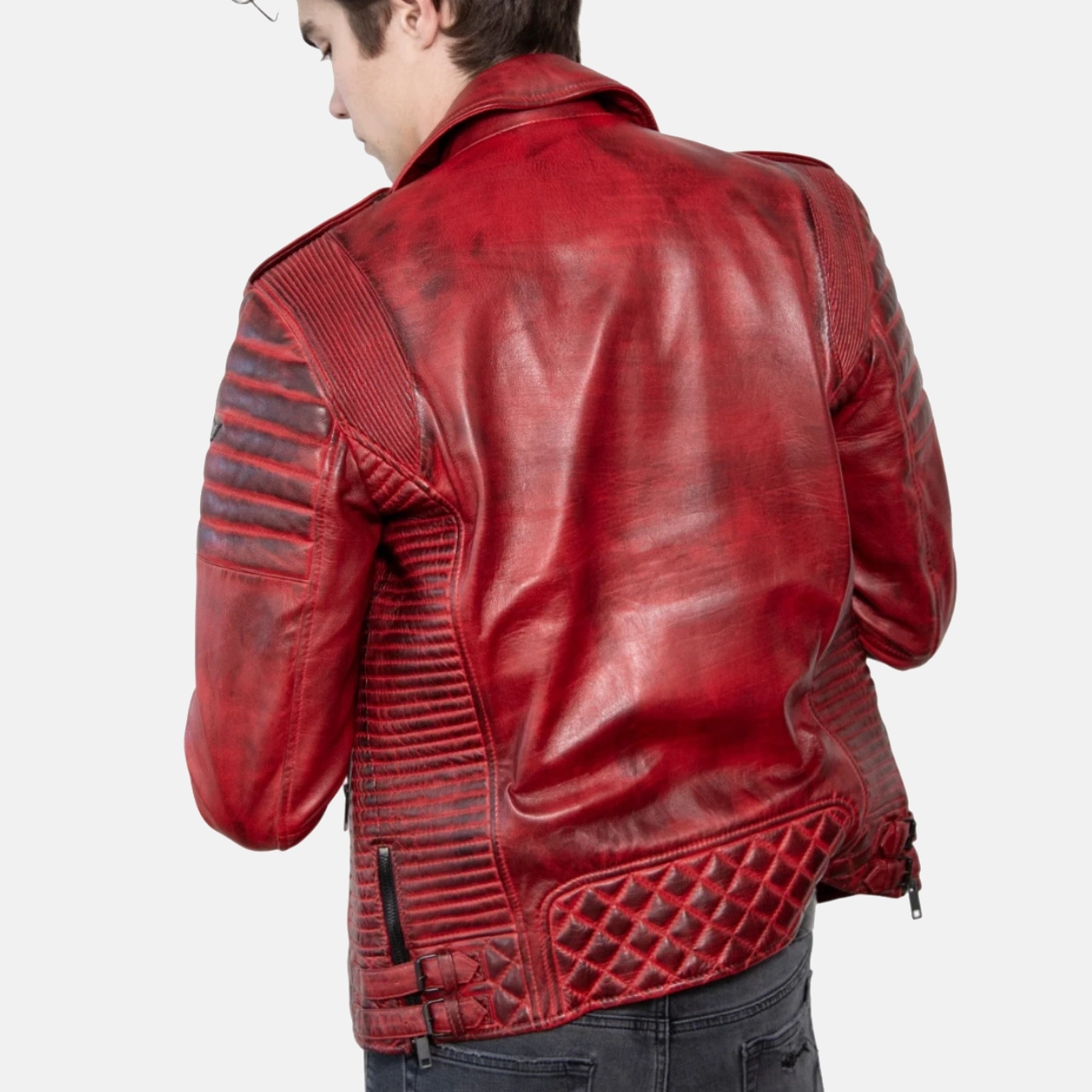 Mens red wax motorcycle leather biker jacket 1 1