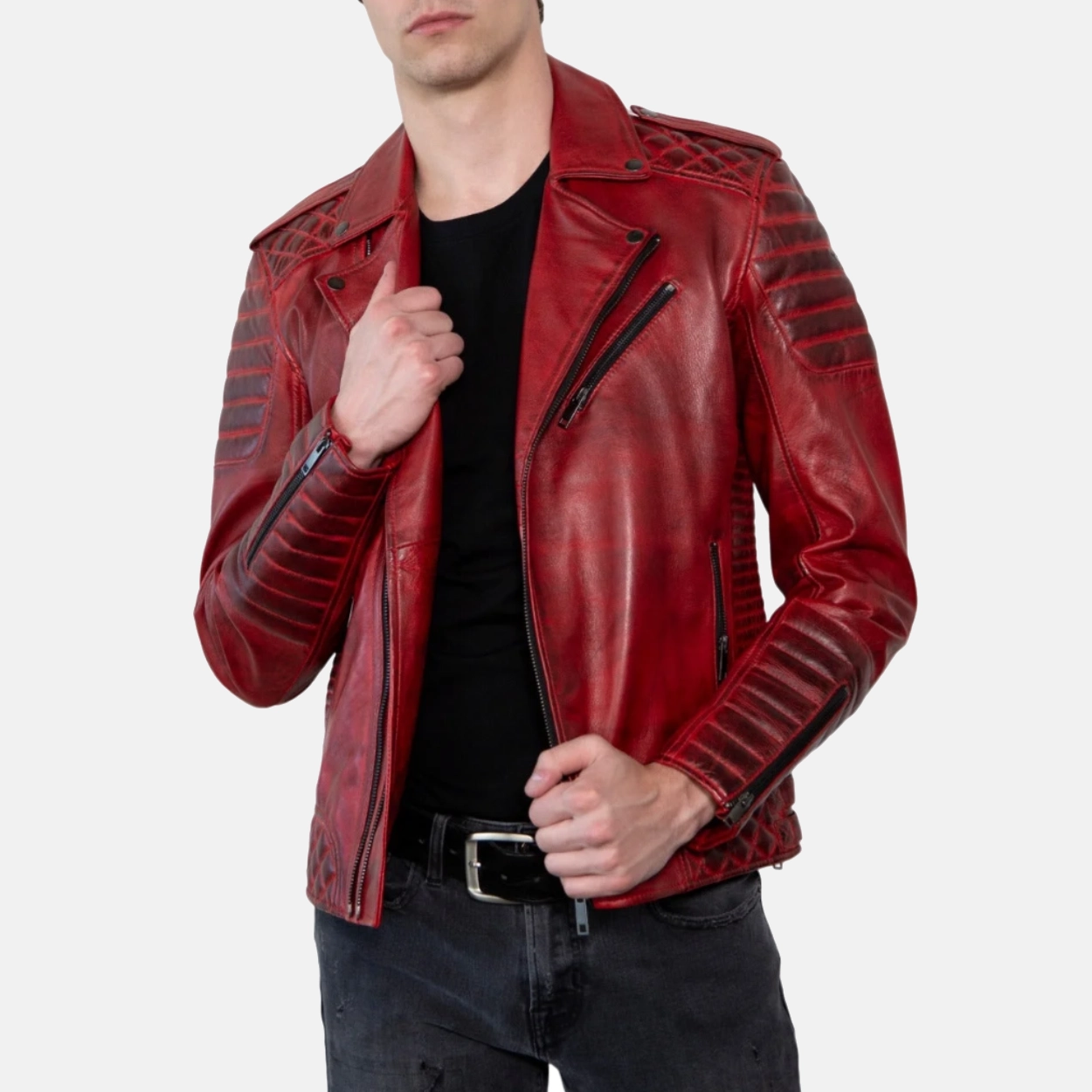 Mens red wax motorcycle leather biker jacket 3 1
