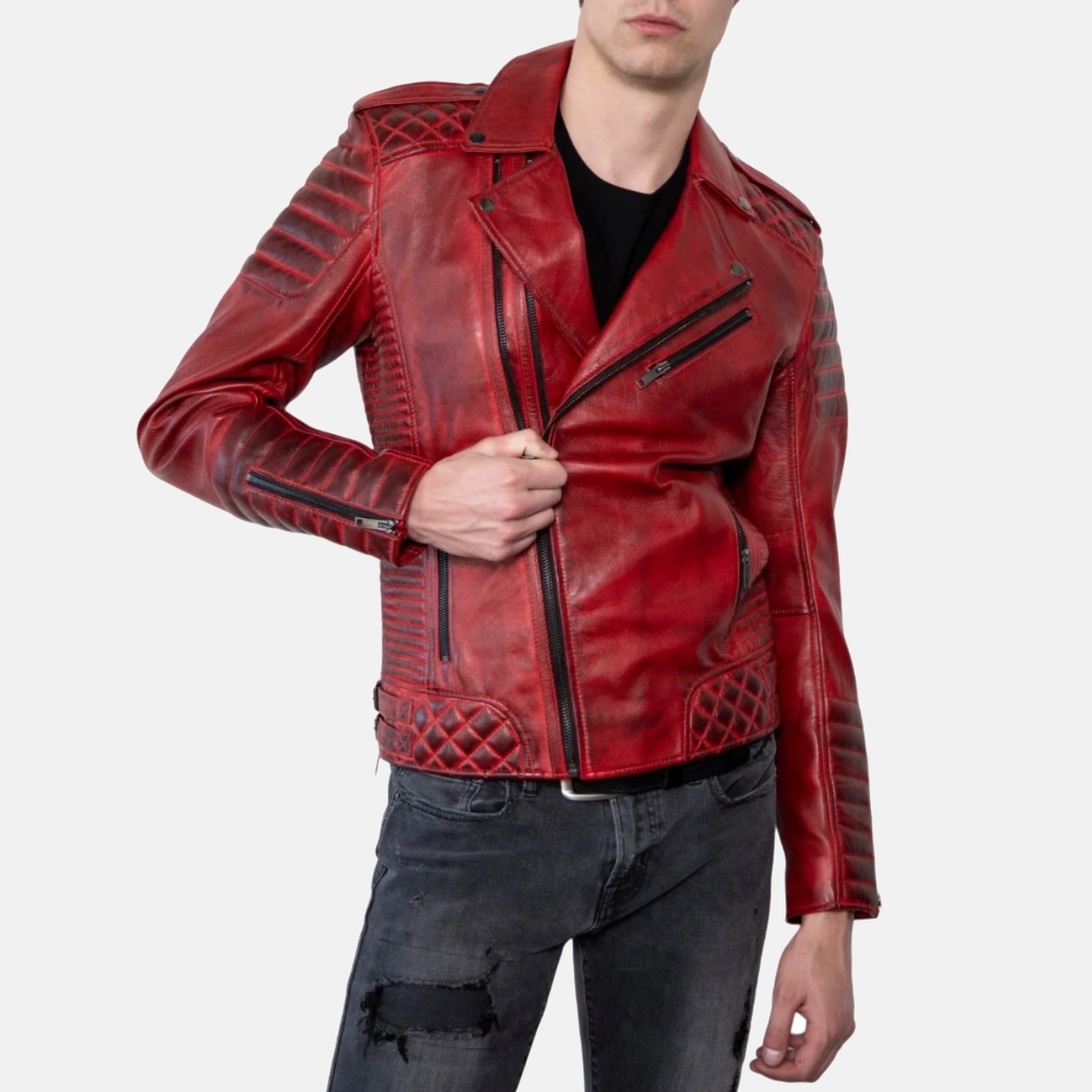 Mens red wax motorcycle leather biker jacket 4 1