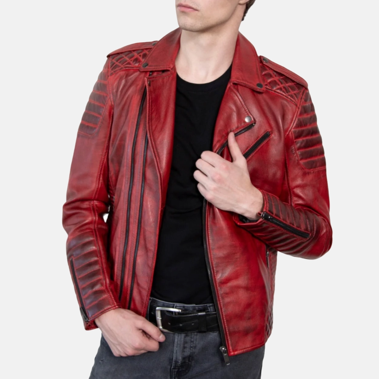 Mens red wax motorcycle leather biker jacket 5 1