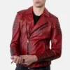 Mens red wax motorcycle leather biker jacket 6