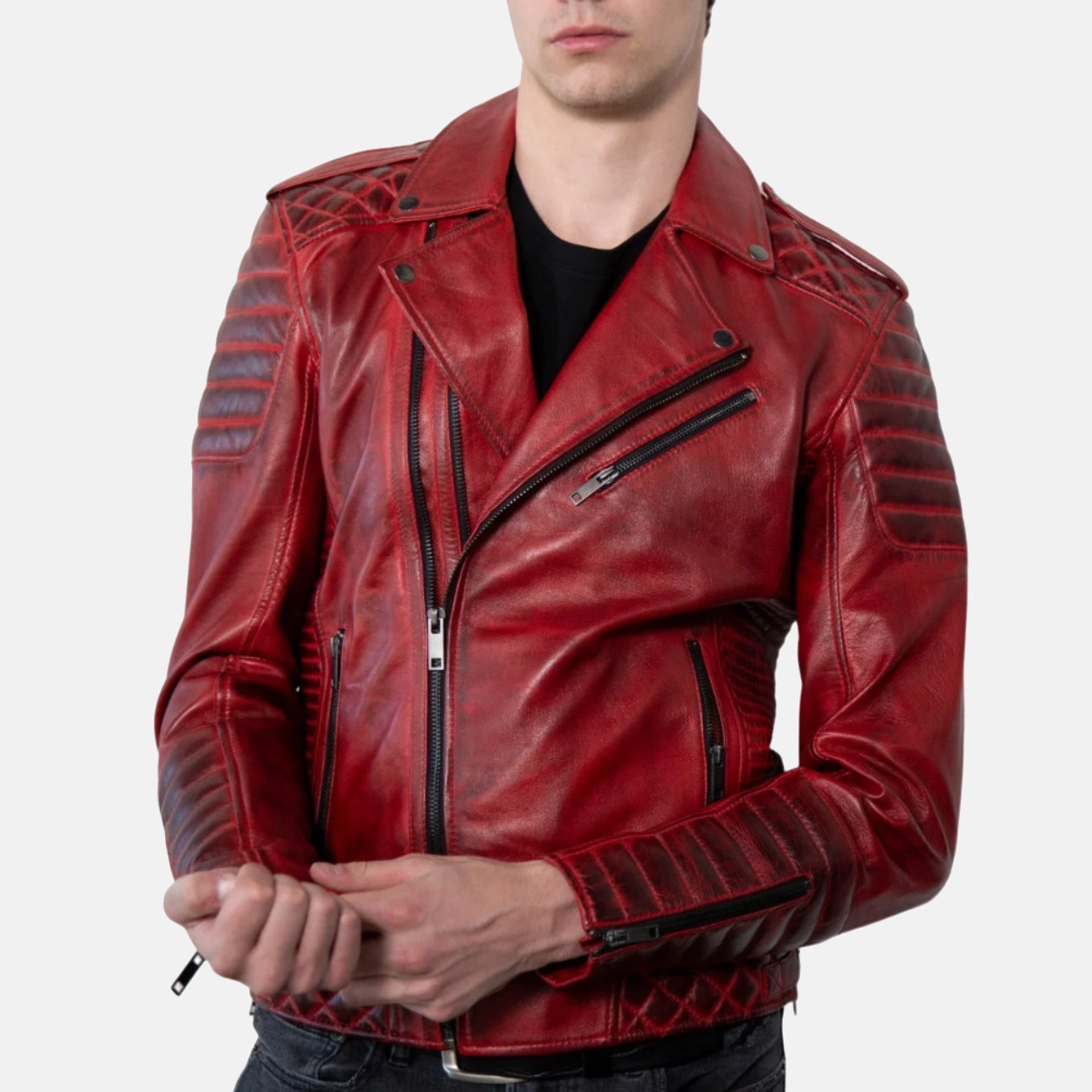 Mens red wax motorcycle leather biker jacket 6