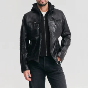 Mens removable hood black leather bomber jacket
