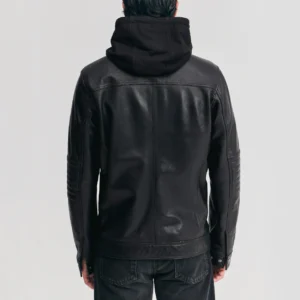 Mens removable hood black leather jacket