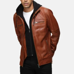 Mens removable hood brown leather bomber jacket