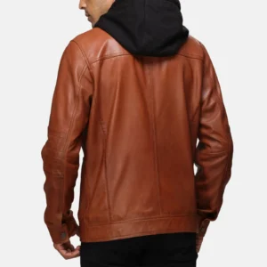 Mens removable hood brown leather jacket