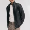 Mens ribbed cuffs black bomber leather jacket