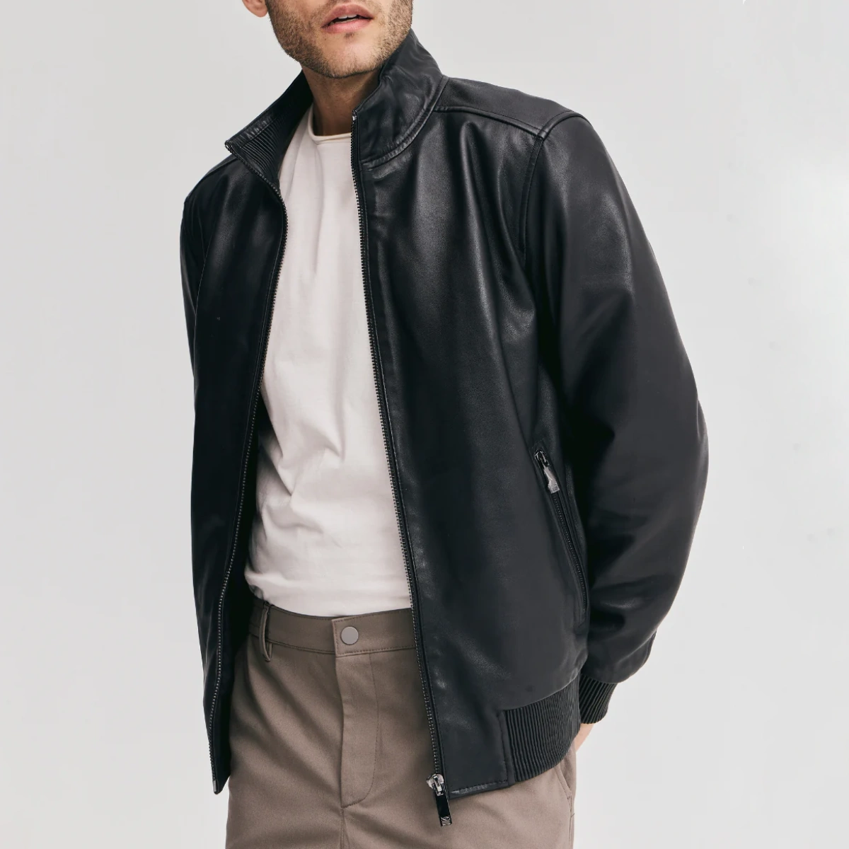 Mens ribbed cuffs black bomber leather jacket