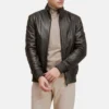 Mens ribbed cuffs dark brown bomber leather jacket