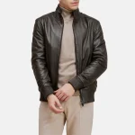 Men’s Ribbed Cuffs Dark Brown Bomber Leather Jacket