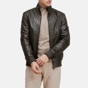 Mens ribbed cuffs dark brown bomber leather jacket
