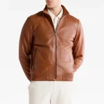 Men’s Ribbed Cuffs Whiskey Bomber Leather Jacket