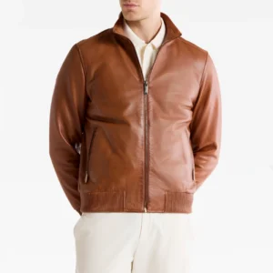 Mens ribbed cuffs whiskey bomber leather jacket