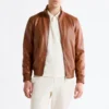 Mens ribbed cuffs whiskey leather jacket