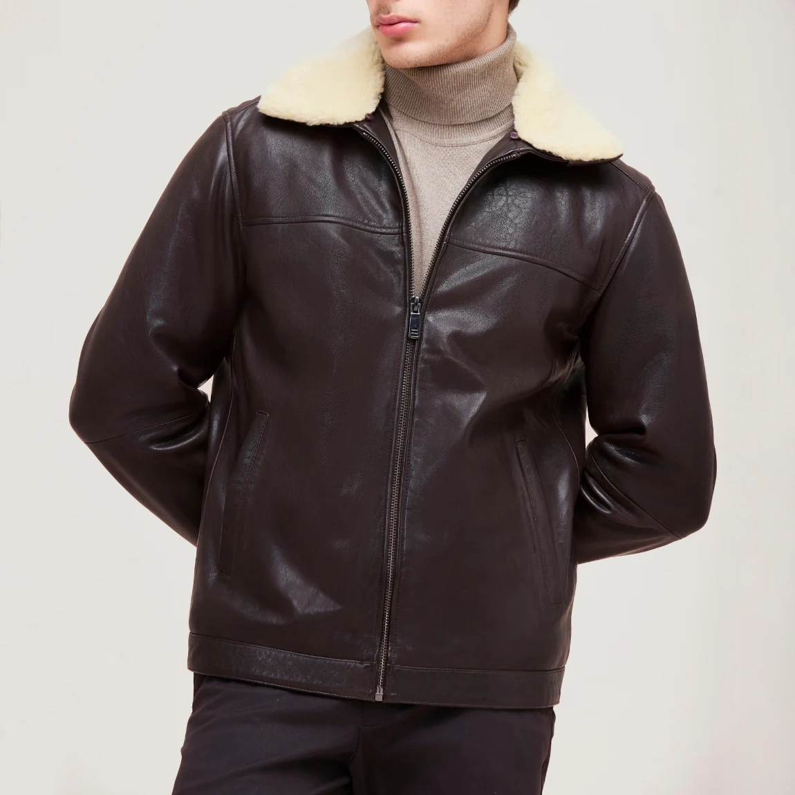 Mens shearling brown leather jacket