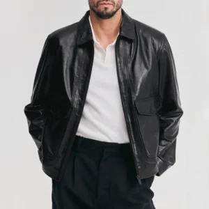 Mens shirt collar black leather flight jacket