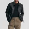 Mens shirt collar black leather harrington jacket