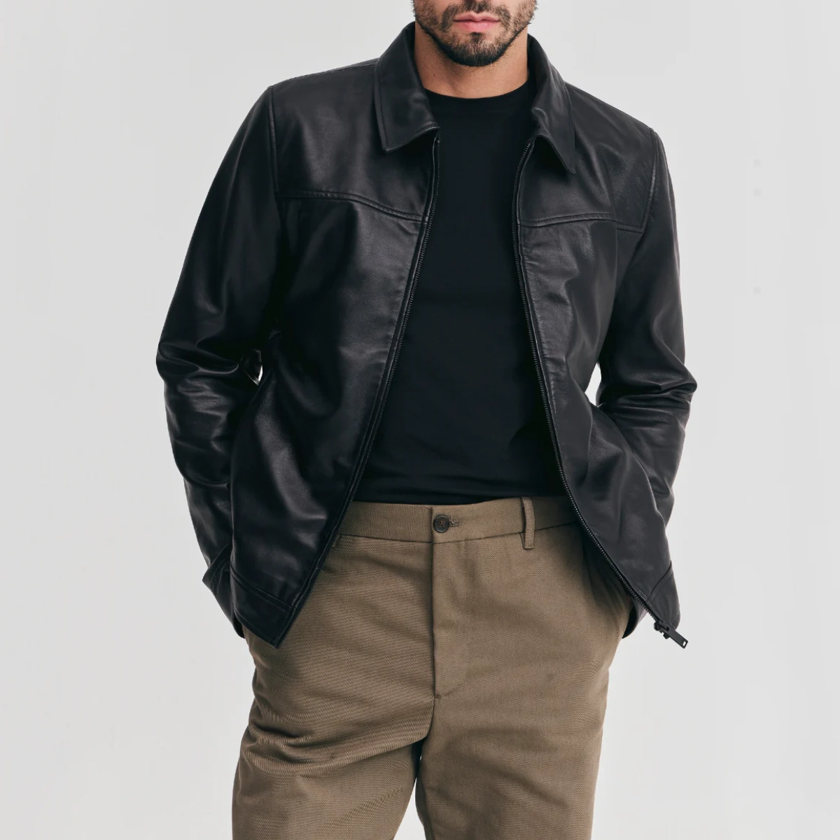 Mens shirt collar black leather harrington jacket