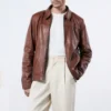 Mens shirt collar brown bomber jacket