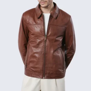 Mens shirt collar brown leather bomber jacket
