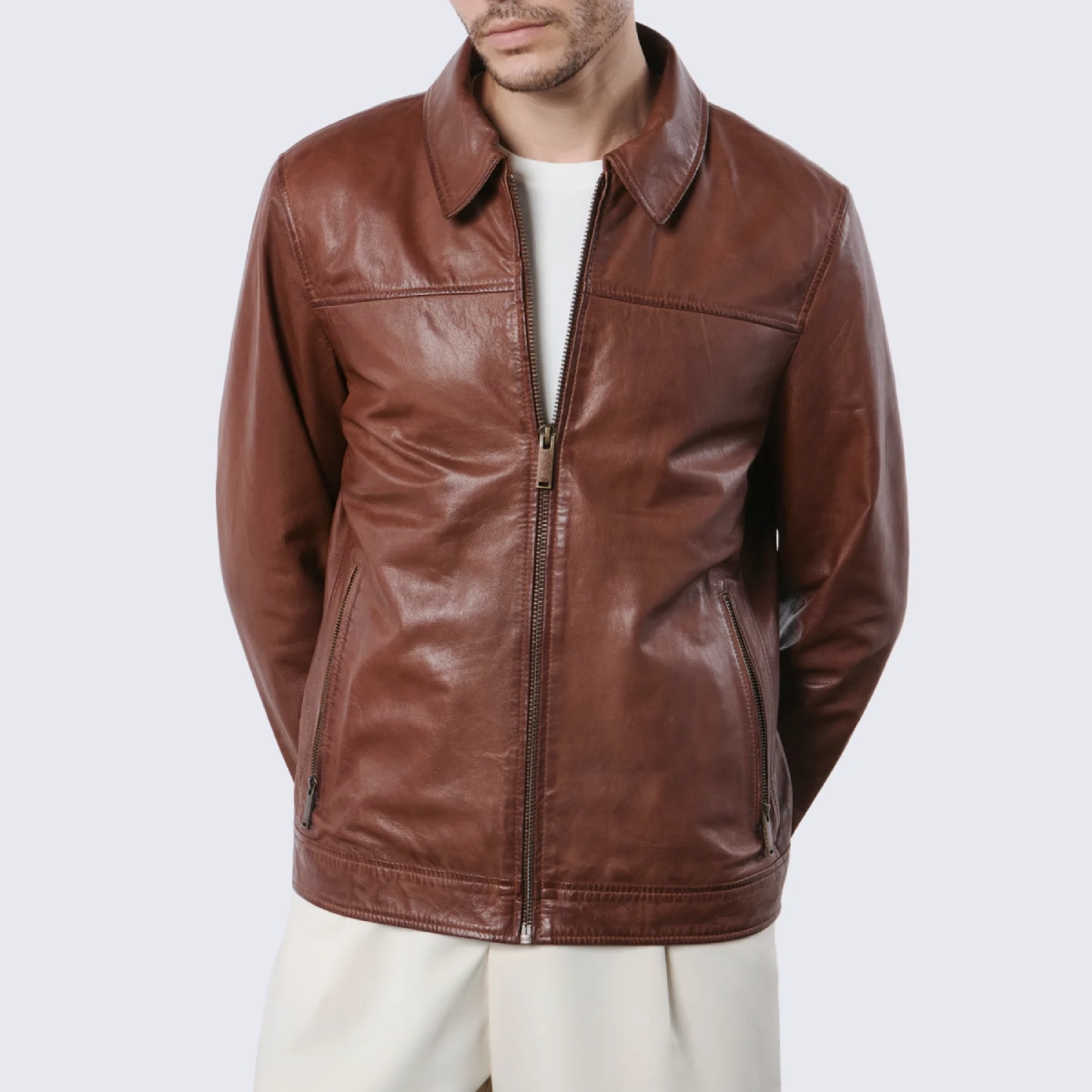 Mens shirt collar brown leather bomber jacket