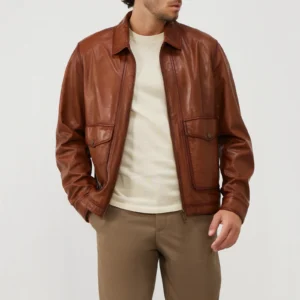 Mens shirt collar cognac leather flight jacket