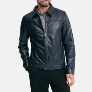 Mens shirt collar dark navy leather bomber jacket