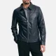 Mens shirt collar dark navy leather bomber jacket