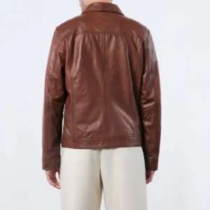 Mens shirt collar full zip brown leather jacket