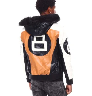 Mens timber 8 ball hooded leather jacket back