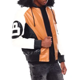Mens timber 8 ball hooded leather jacket front
