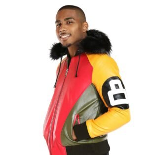 Mens tri color 8 ball bomber leather jacket 02