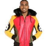 Men's Tri Color 8 Ball Red/Yellow Leather Hooded Jacket
