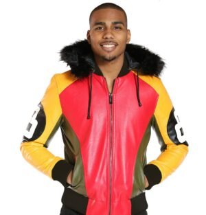 Mens tri color 8 ball bomber leather jacket