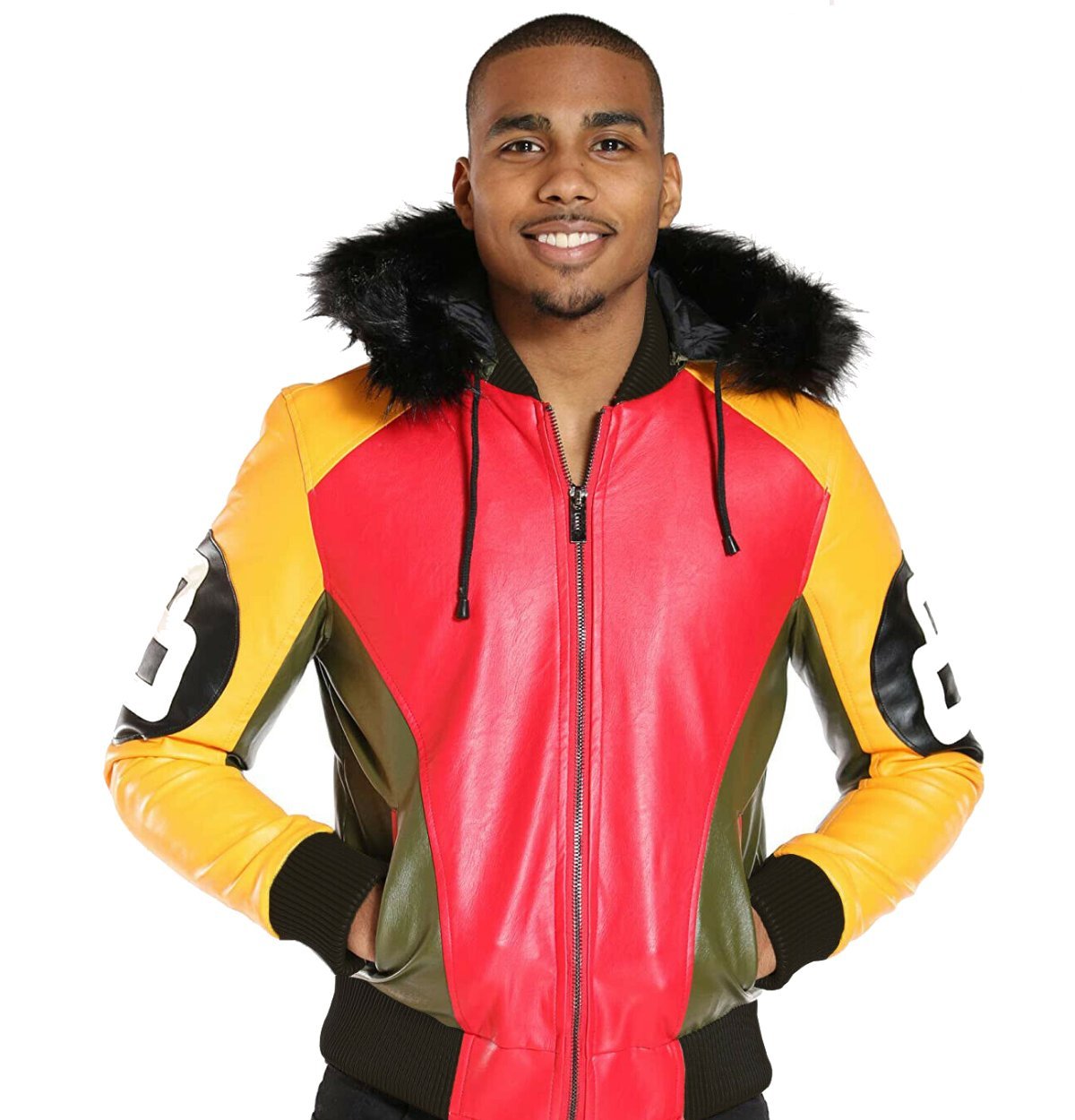 Mens tri color 8 ball bomber leather jacket