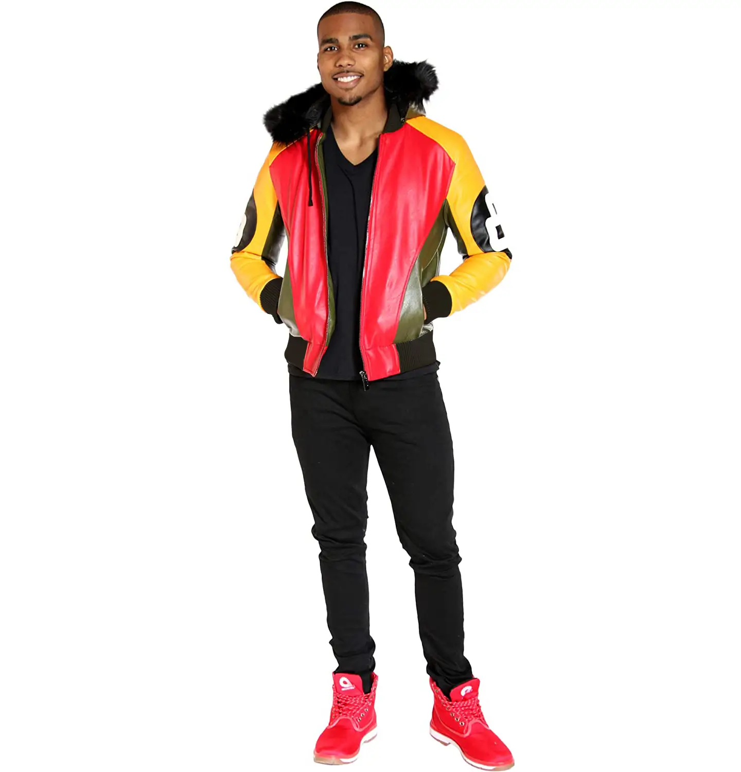 Mens tri color 8 ball leather jacket with fur hood full