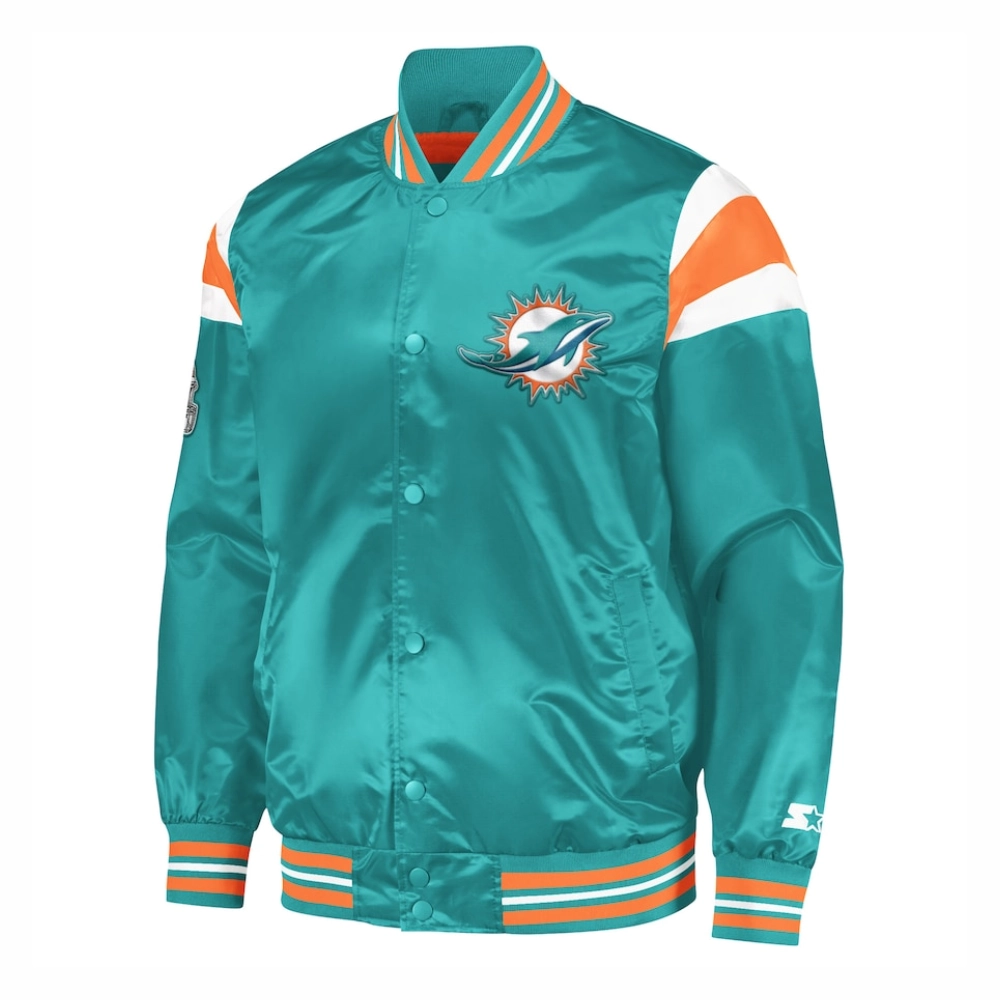 Miami dolphins full snap satin varsity jacket aqua 2