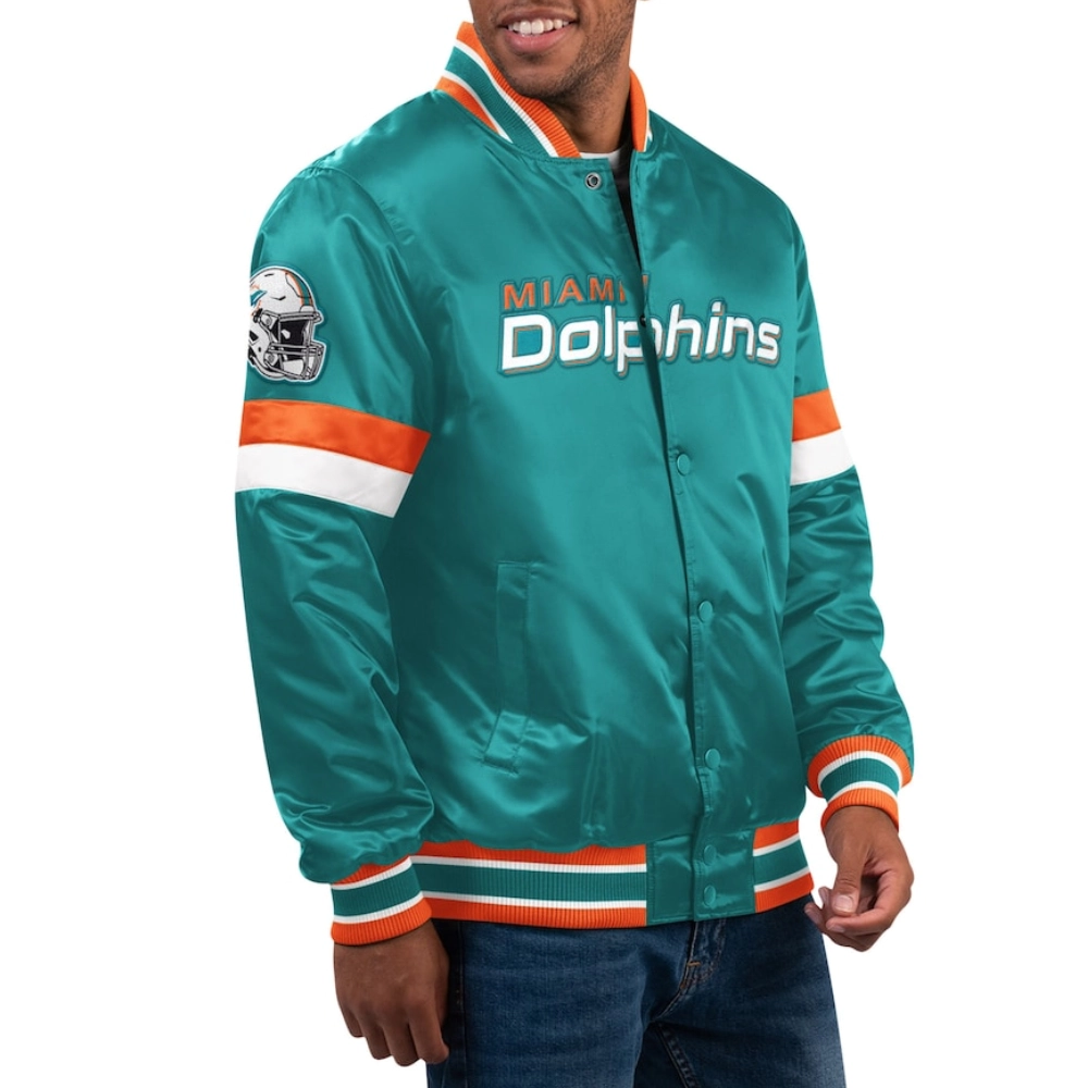 Miami dolphins home game satin varsity jacket aqua 1