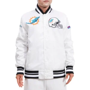 Miami dolphins mashup logo full snap satin varsity jacket white 3