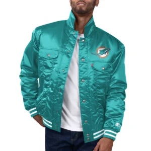 Miami dolphins silver tab satin trucker varsity jacket aqua 1