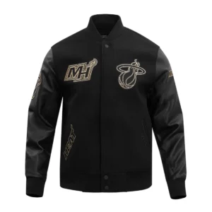 Miami heat black gold wool leather varsity jacket black 1