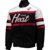 Miami heat hardwood classics script full snap black satin varsity jacket 1