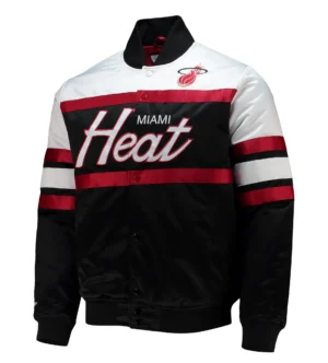 Miami heat hardwood classics script full snap black satin varsity jacket 1