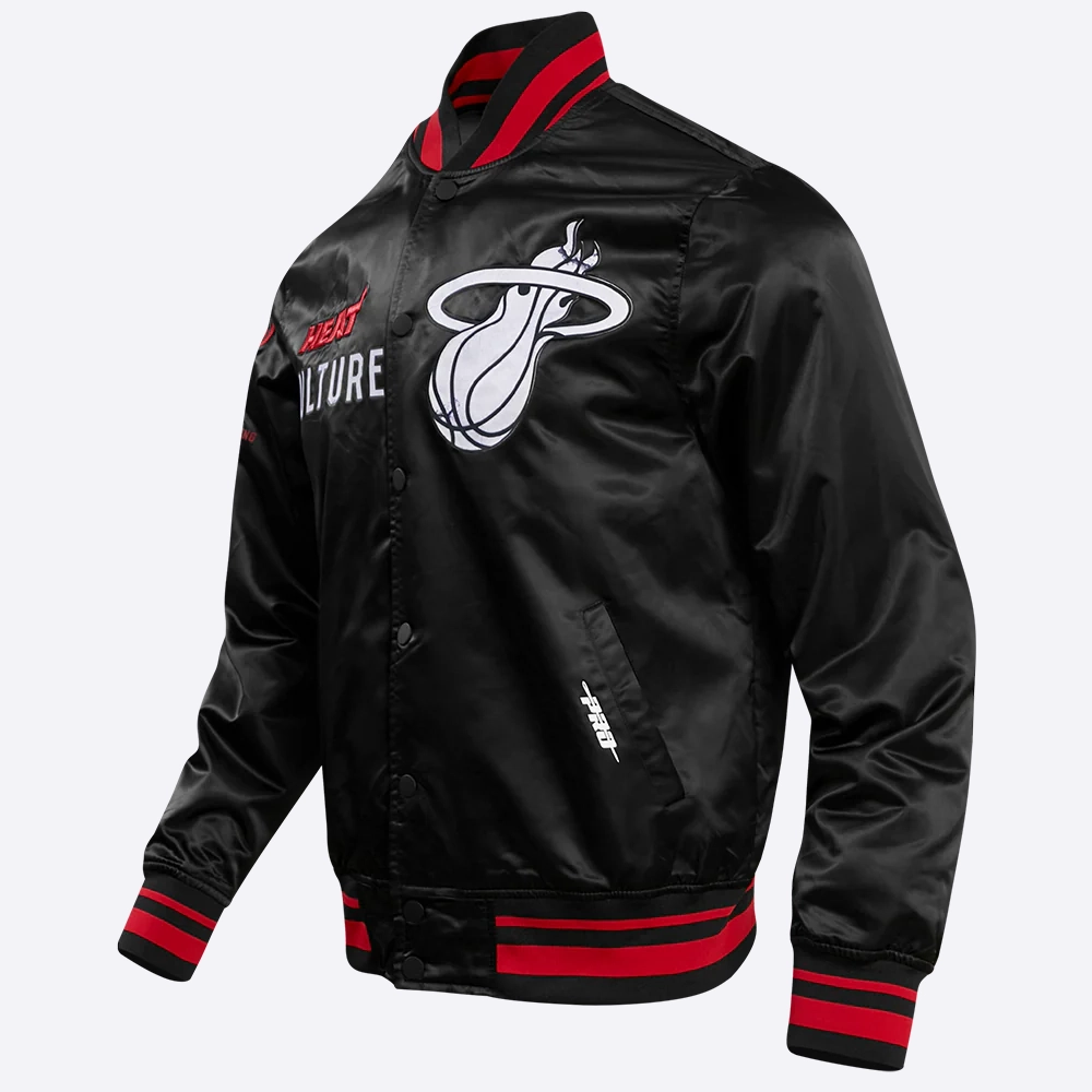Miami heat pro standard chest heat culture black satin varsity jacket 1