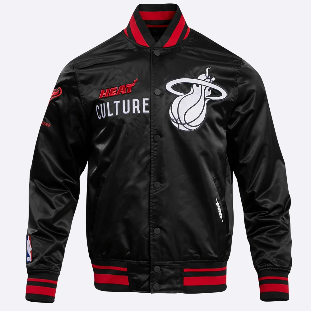 Miami heat pro standard chest heat culture black satin varsity jacket 2