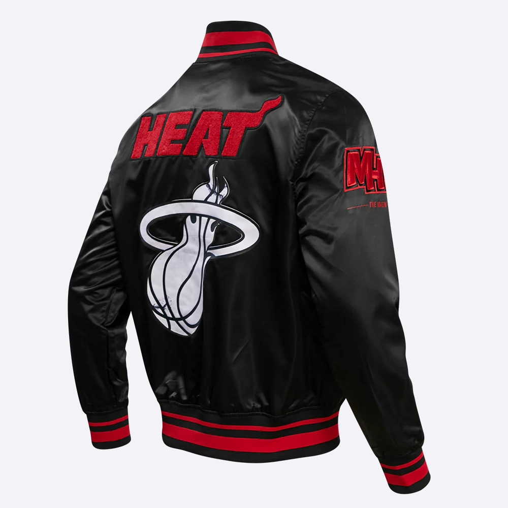 Miami heat pro standard chest heat culture black satin varsity jacket 4