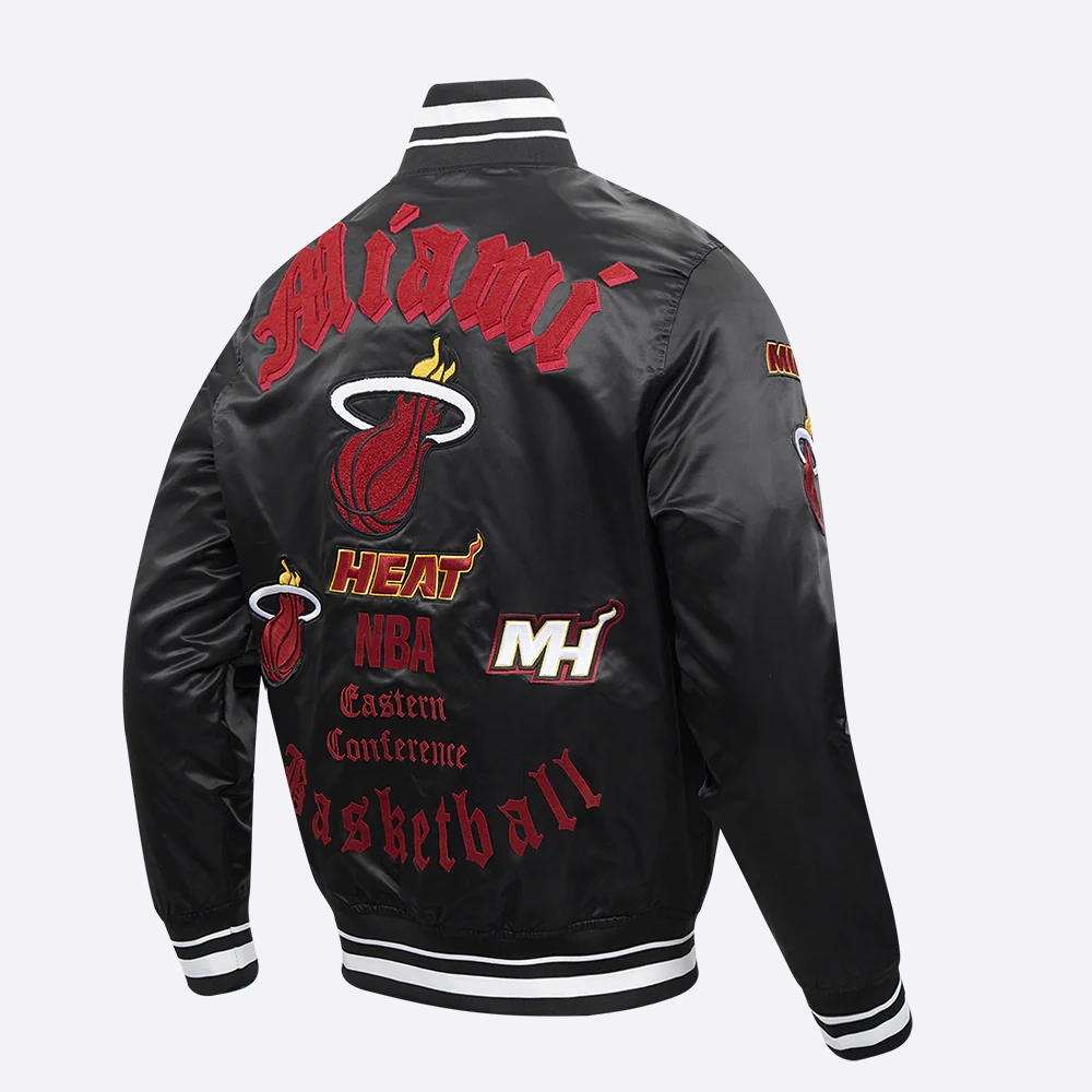 Miami heat pro standard old english black satin varsity jacket 3