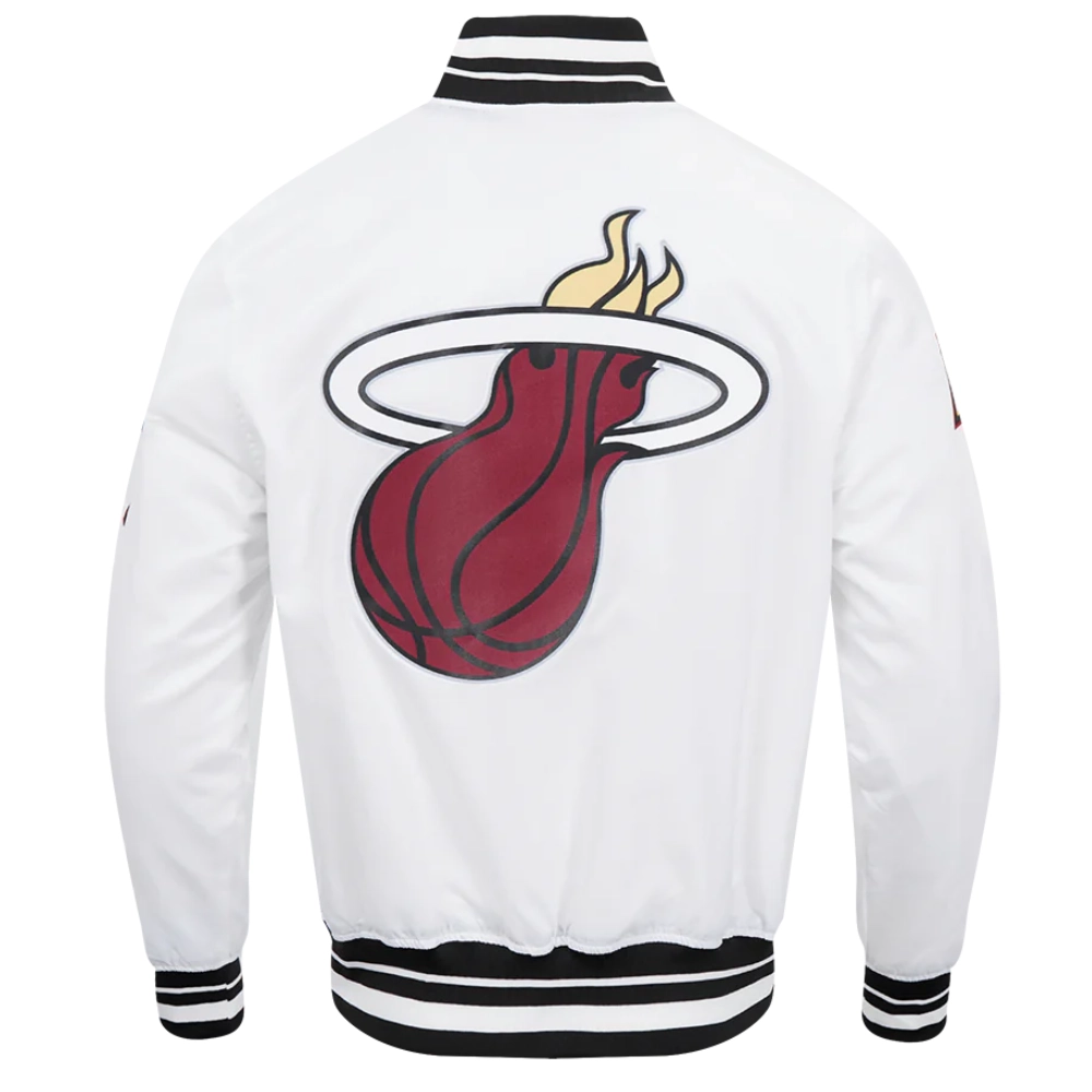 Miami heat script tail full snap satin varsity jacket white 3