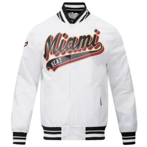 Miami heat script tail full snap satin varsity jacket white 6